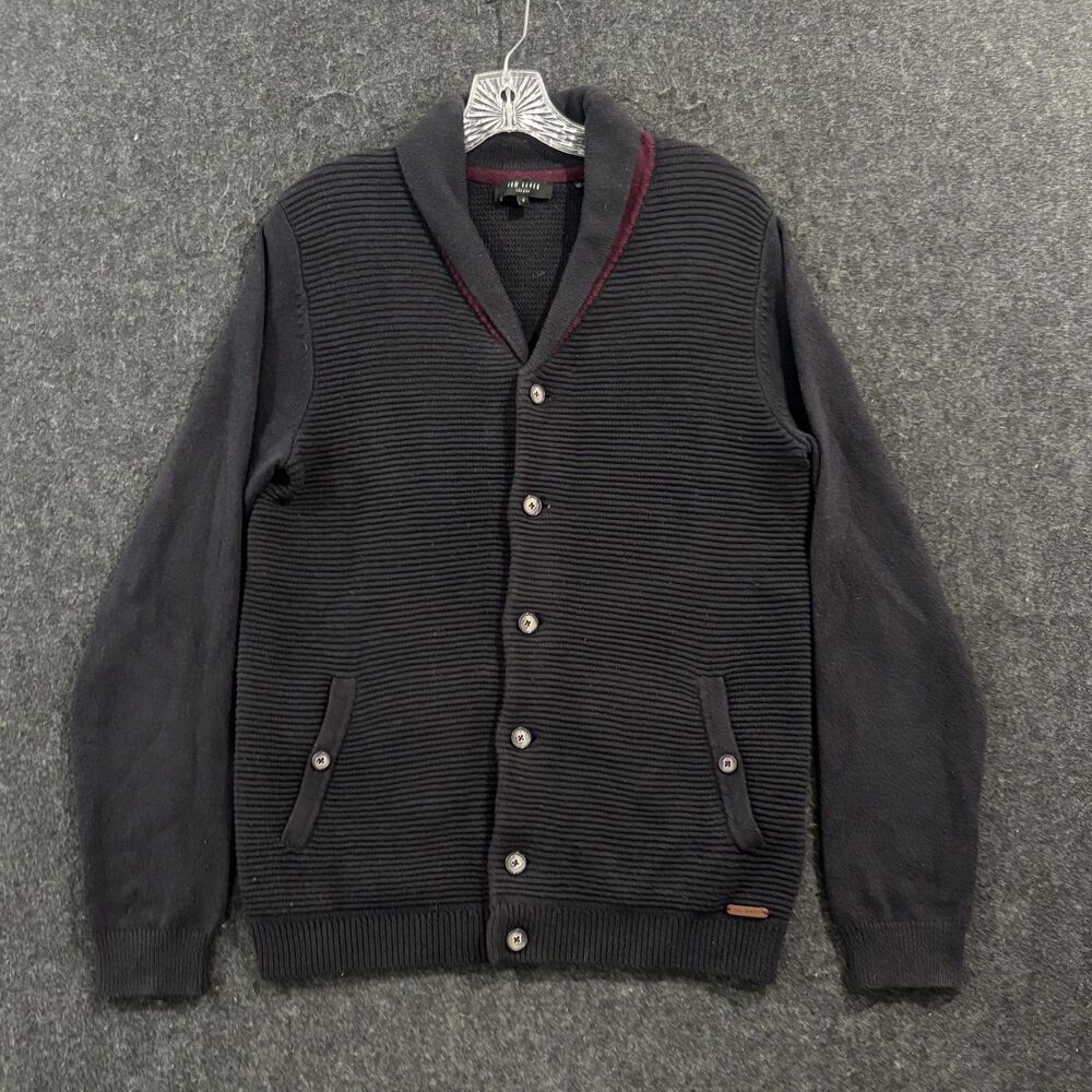 Ted Baker Cardigan Sweater Men's Medium Gray Shawl Collar Ribbed Wool Grandpa